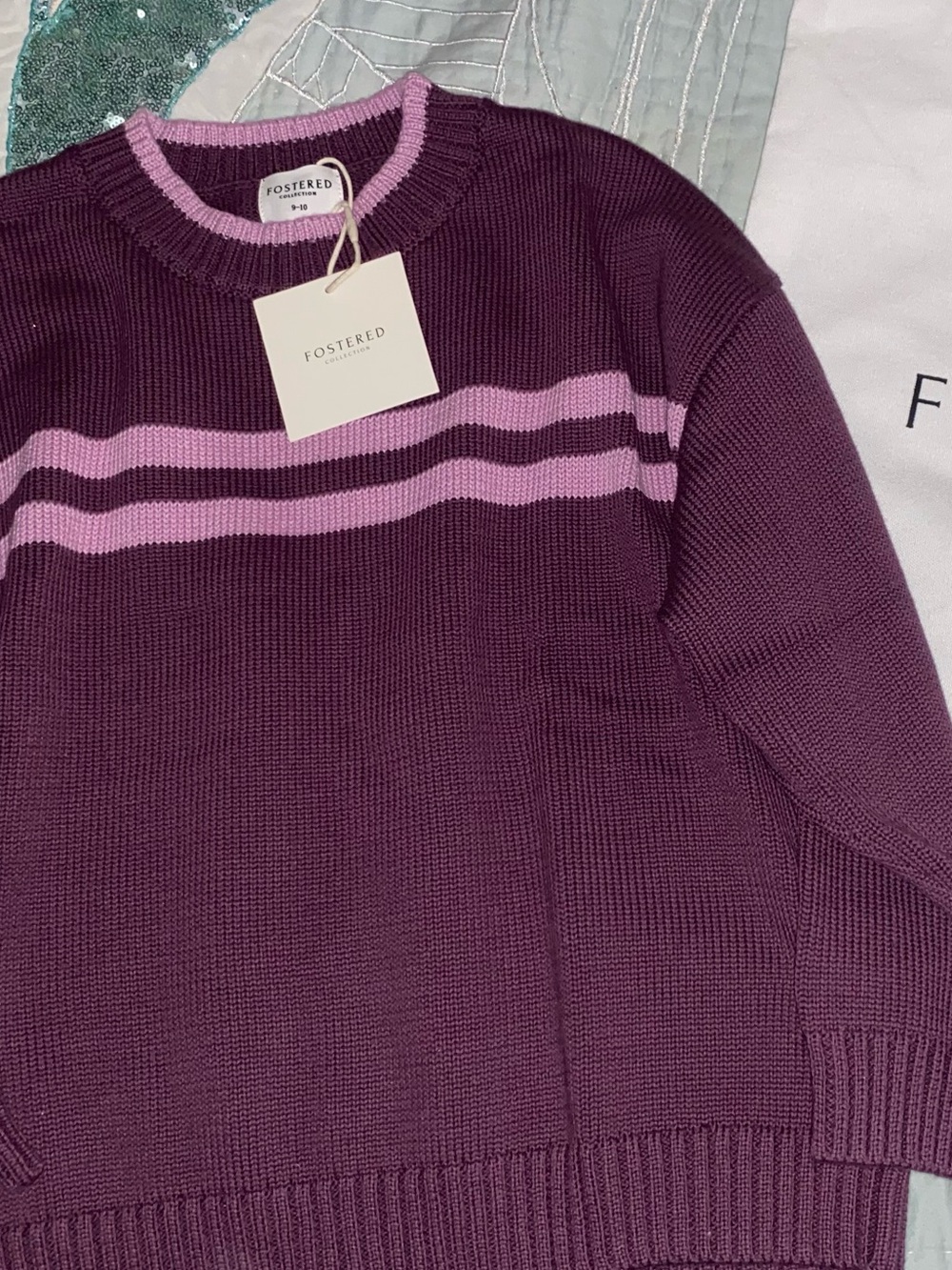 Fostered Plum Crewneck Sweater with Light Pink Stripes